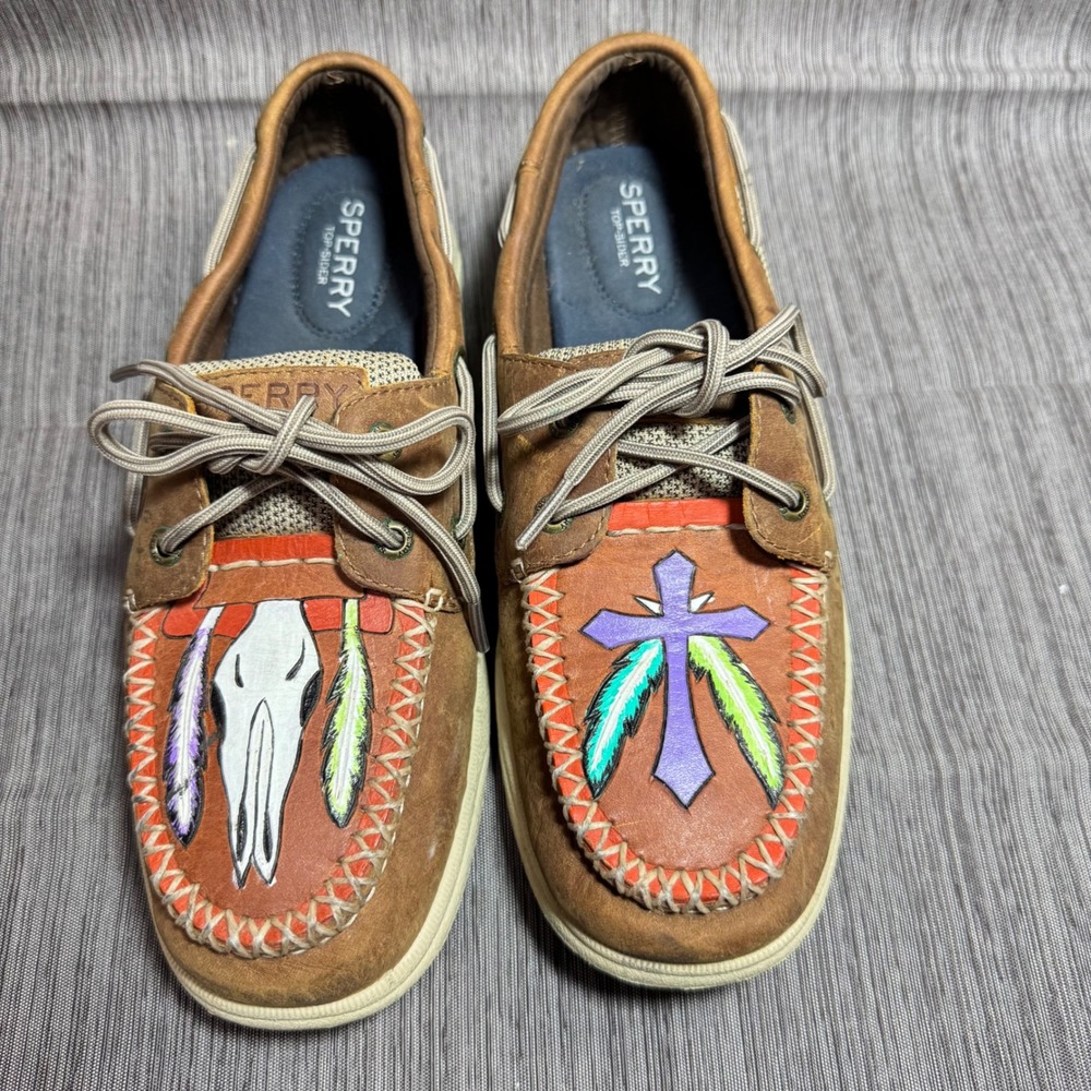 Sperry Top-Sider Womens 7.5 Brown Leather Custom Painted Skull Cross Boat Shoes